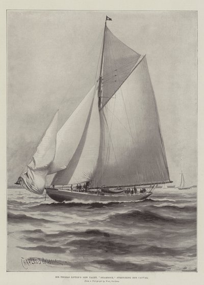 El nuevo yate de Sir Thomas Lipton, Shamrock, estirando su lona de Charles John de Lacy